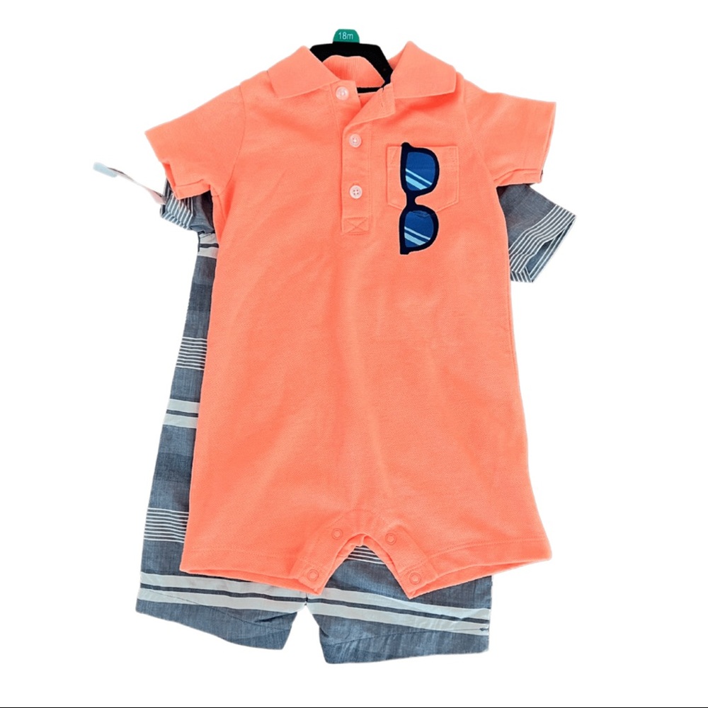 Carter’s Orange Romper with Sunglasses and Striped Romper